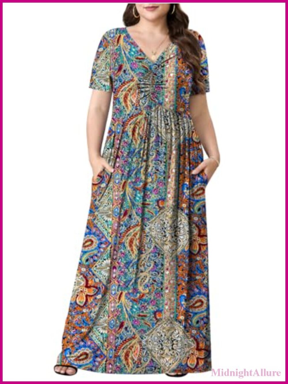 Plus Size Curvy Maxi Dress Twisted Front V-Neck Empire Waist with Pockets